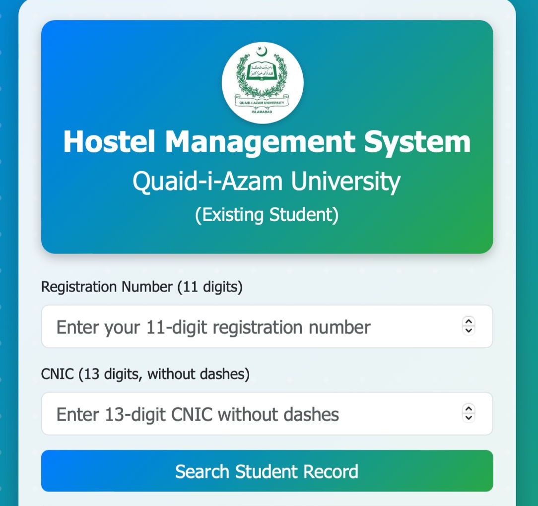 Quaid-i-Azam University has launched the Hostel Management System (HMS), an Online Hostel Admission Module integrated with the Online Admission & Fee System.